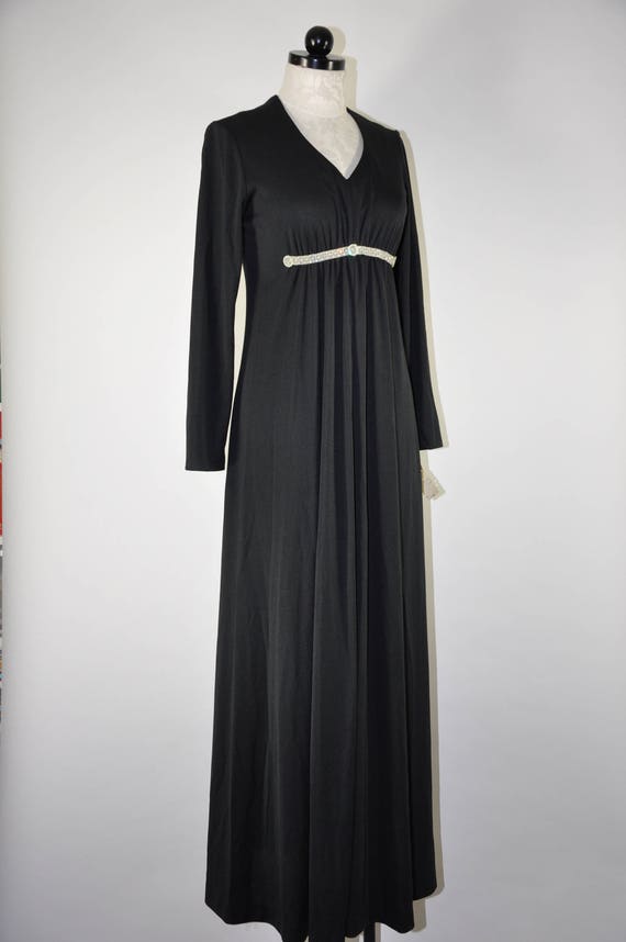 70s black jersey maxi dress / 1970s rhinestone tr… - image 4