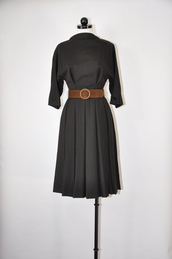 50s Teal Traina wool dress / 1950s brown plaid ple