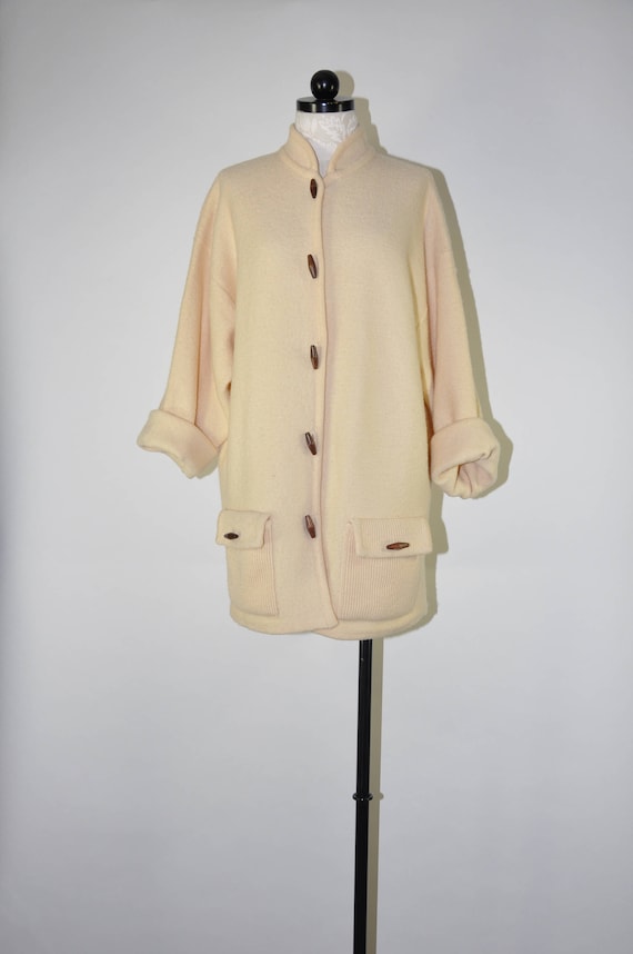 90s cream wool chore coat / 1990s wood buttons car