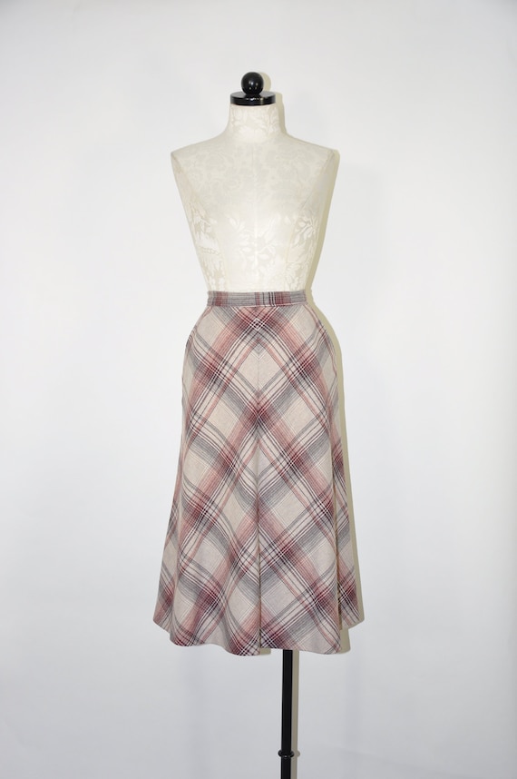 70s gray plaid midi skirt / 1970s grey and wine sk