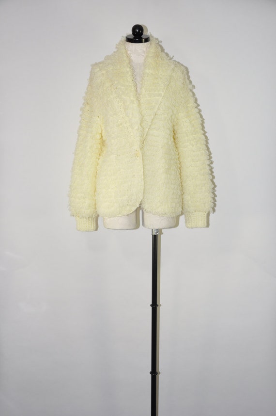 70s cream shaggy cardigan / ivory loop knit blazer