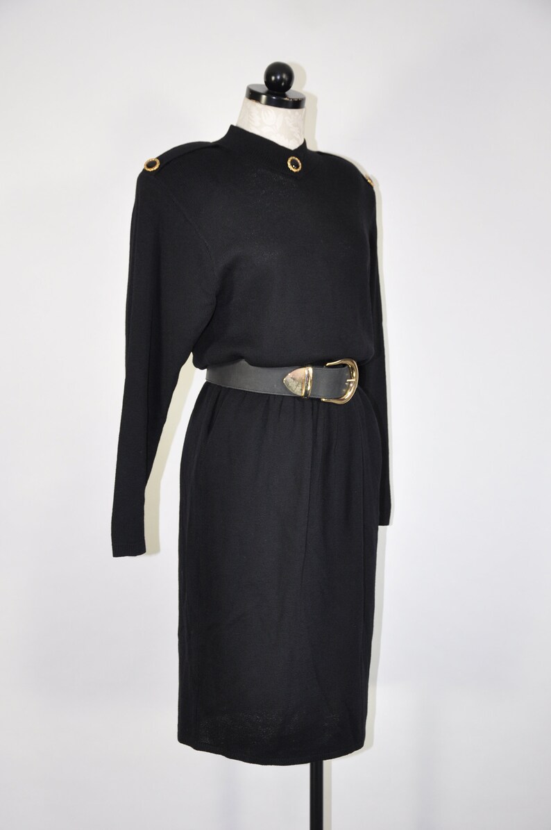 80s knit wool dress / black military dress / St John sweater dress image 6