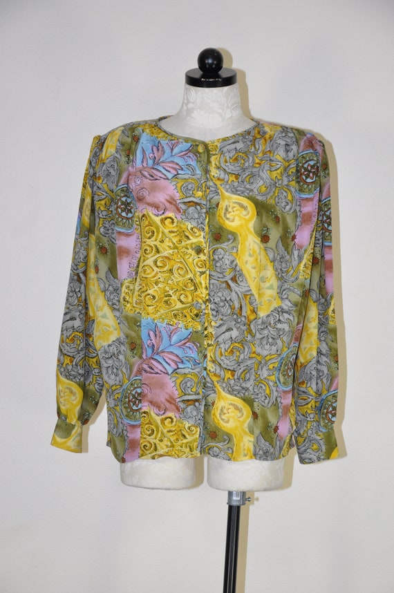 90s botanical print silk shirt / baroque puff sle… - image 5