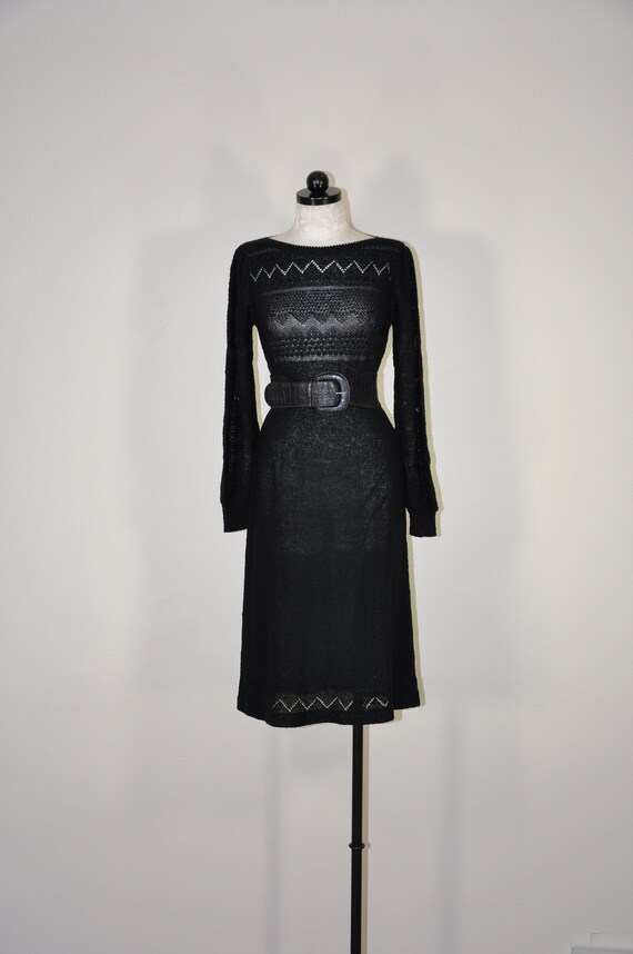 70s black knit dress / 1970s rayon pointelle dress