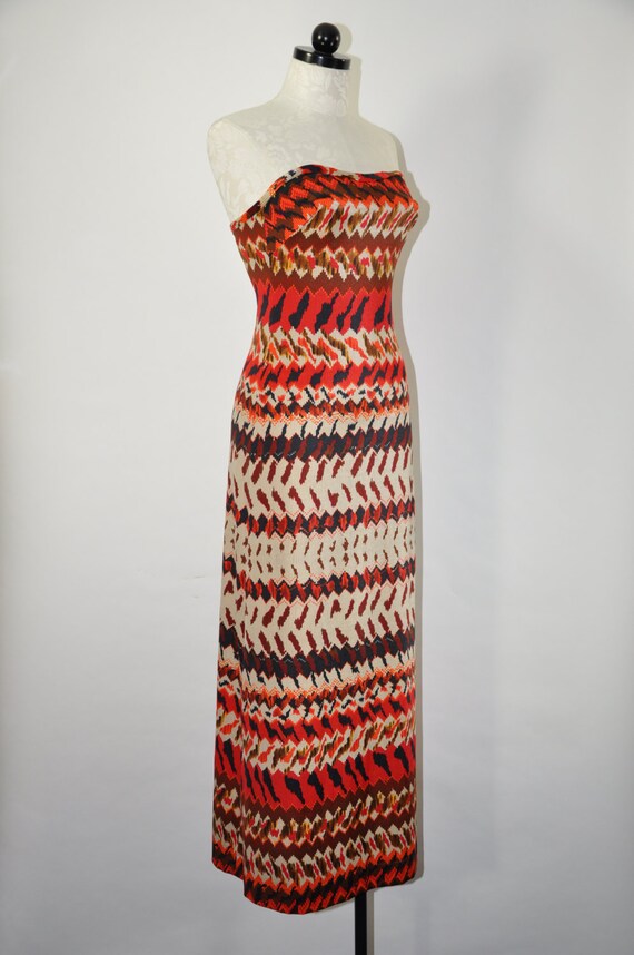 60s fire red striped maxi dress / 1960s strapless… - image 4