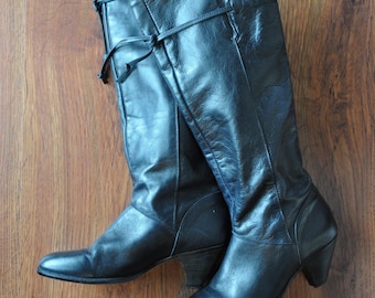 70s black leather knee high boots / vintage 1970s tall Frye riding boots 6