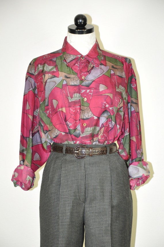 90s burgundy silk shirt / graphic print slouchy t… - image 2