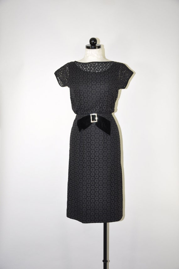 50s black lace eyelet dress / 1960s perforated cot