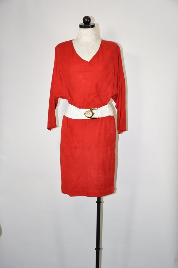 80s red suede shift dress / 1980s brushed leather 