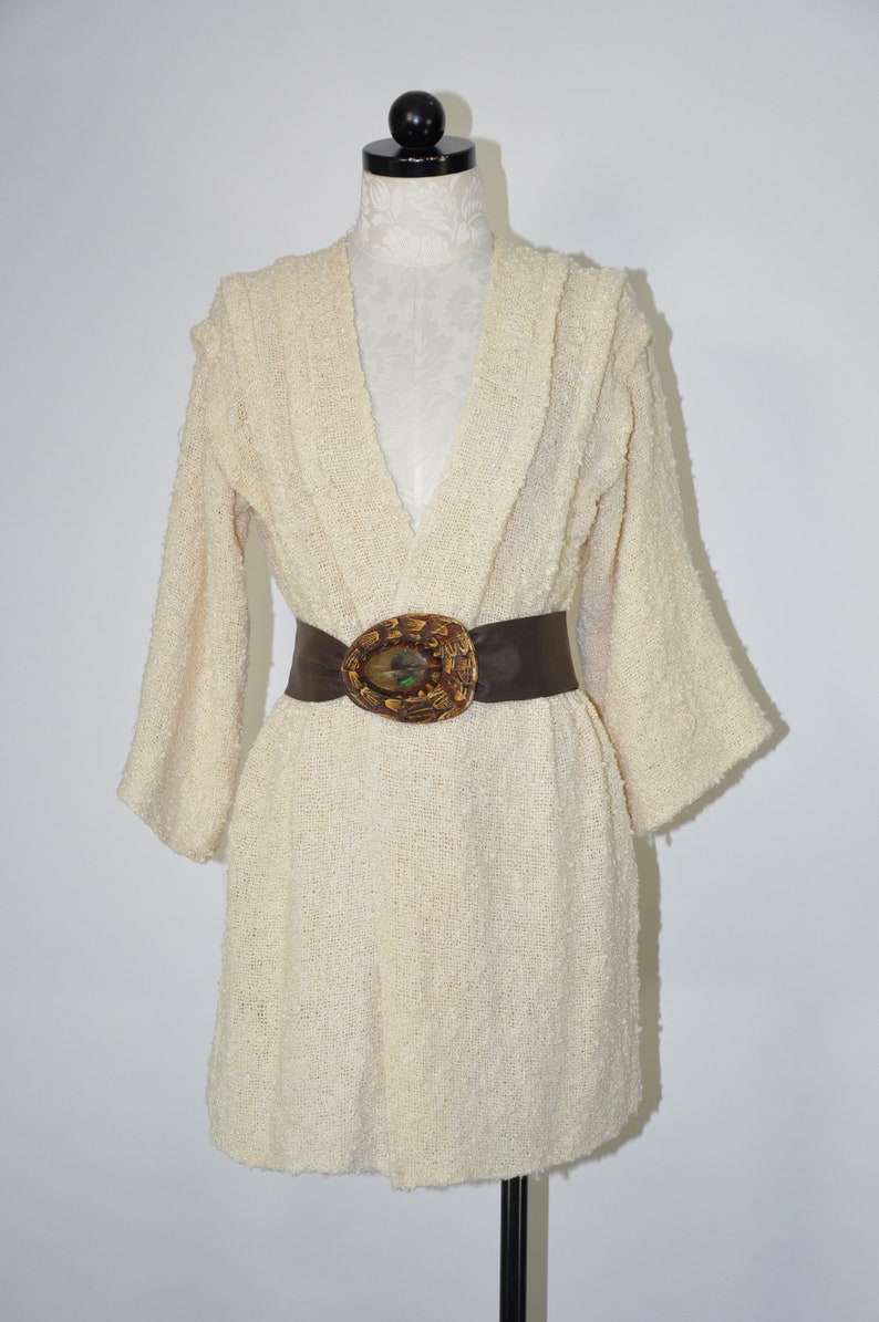 80s raw silk woven jacket 1980s cream draped short coat nubby bloucle wrap knit top