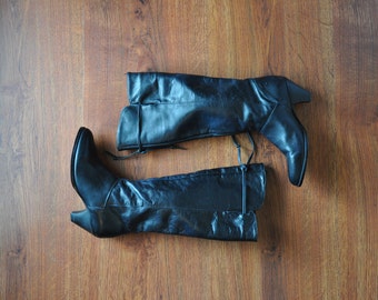 70s black knee high boots / 1970s tall leather boots / vintage Frye riding boots 6