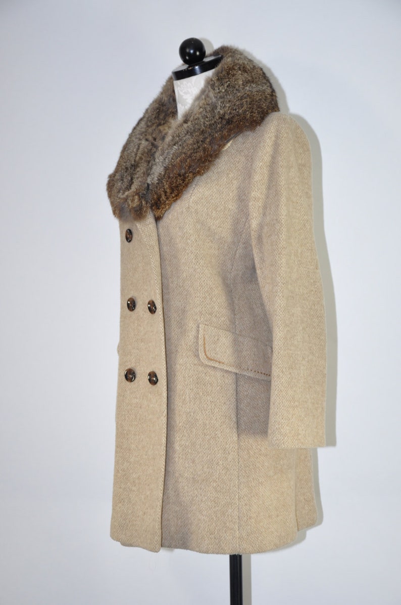 70s beige tweed pea coat / 1970s rabbit fur collar coat / | Etsy