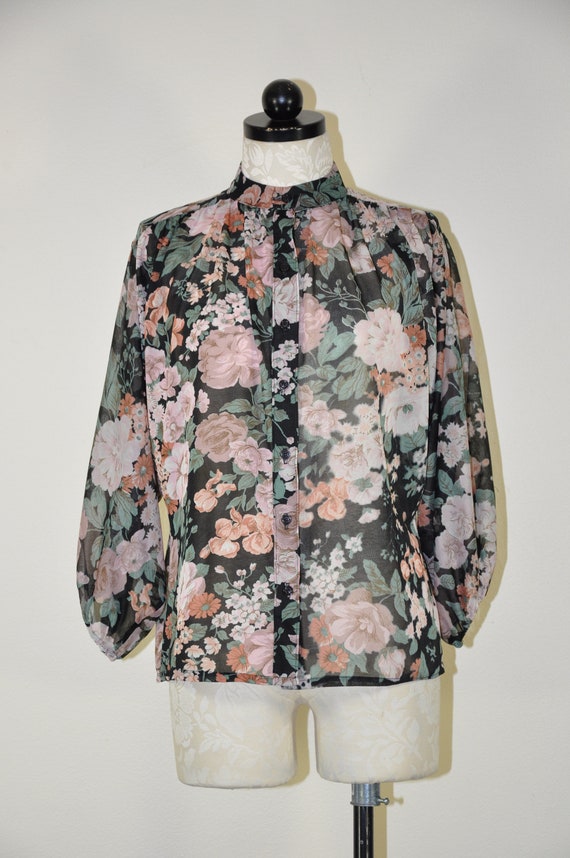 70s bishop sleeve blouse / 1970s dark floral bohe… - image 5