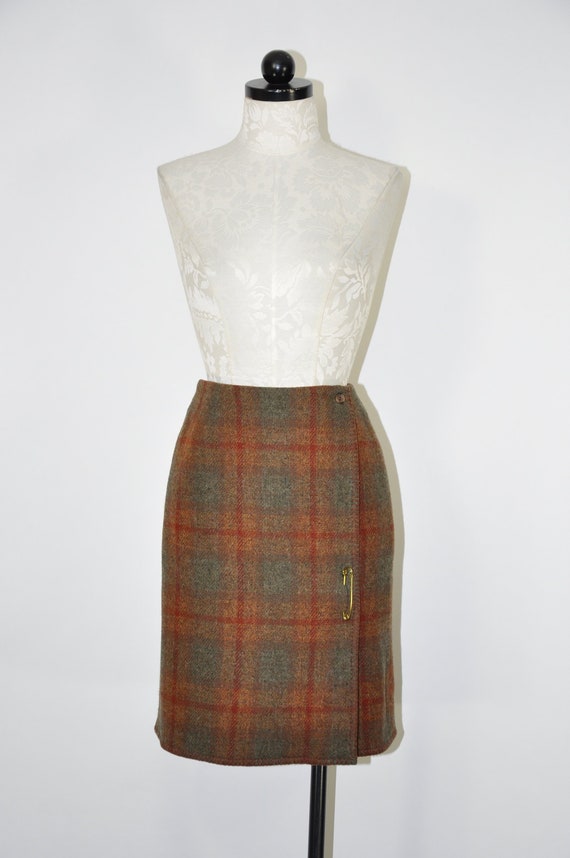 90s rust plaid wrap skirt / 1990s brown wool penci