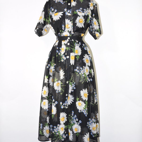 daisy print dress set / floral two piece dress / black top and skirt set / sheer cotton maxi dress