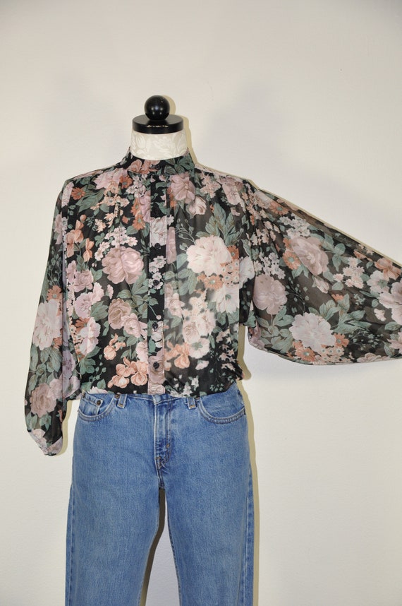 70s bishop sleeve blouse / 1970s dark floral bohe… - image 4