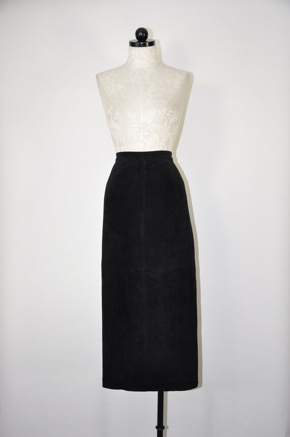 90s black suede pencil skirt / brushed leather mid