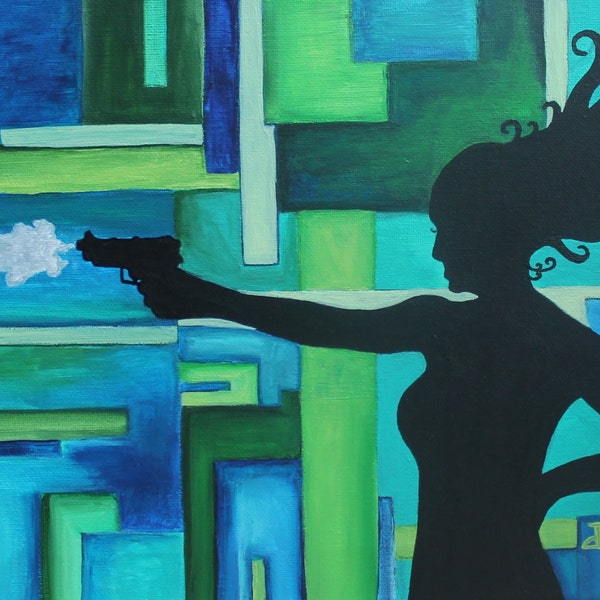 Giclee PRINT 11x14 Silhouette Lady James Bond Style Acrylic Gun Shooting Art Woman Wall Art to Hang Modern