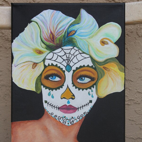 Original Day of the Dead Calla Lily Painting Art Lady Spring Sugar Skull Dia de los Muertos Acrylic Painting Gothic Ready To Hang Signed