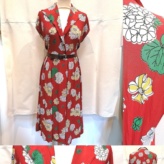 Dress 1940s - Red ray dress with 40s flowers - ww2