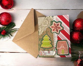 Gingerbread Christmas Card Vintage Inspired Greeting Card, Blank Interior