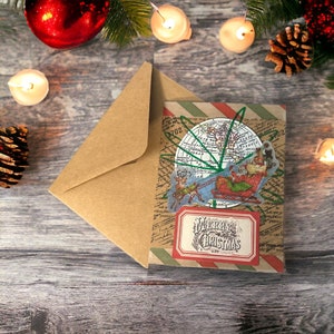 Santa’s Sleigh Around The World Christmas Card Vintage Inspired Greeting Card, Blank Interior