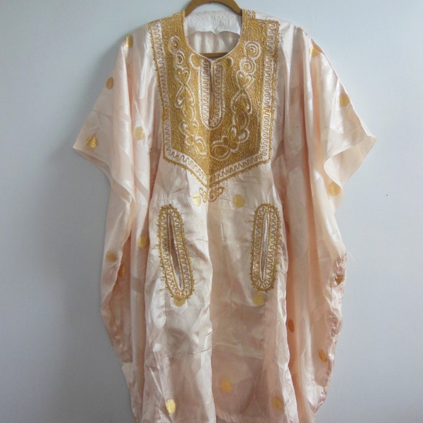 Vintage Handmade Peach Pink and Gold Ethnic Embroidered Mini Dress Wearable Art Oversized