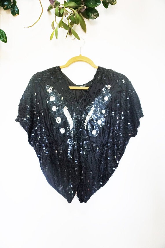 Vintage Glam Black and Silver Butterfly Sequined T