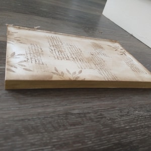 May include: A blank, off-white journal with a decorative, embossed design of leaves and lines. The journal has a light brown cover and a thick spine.