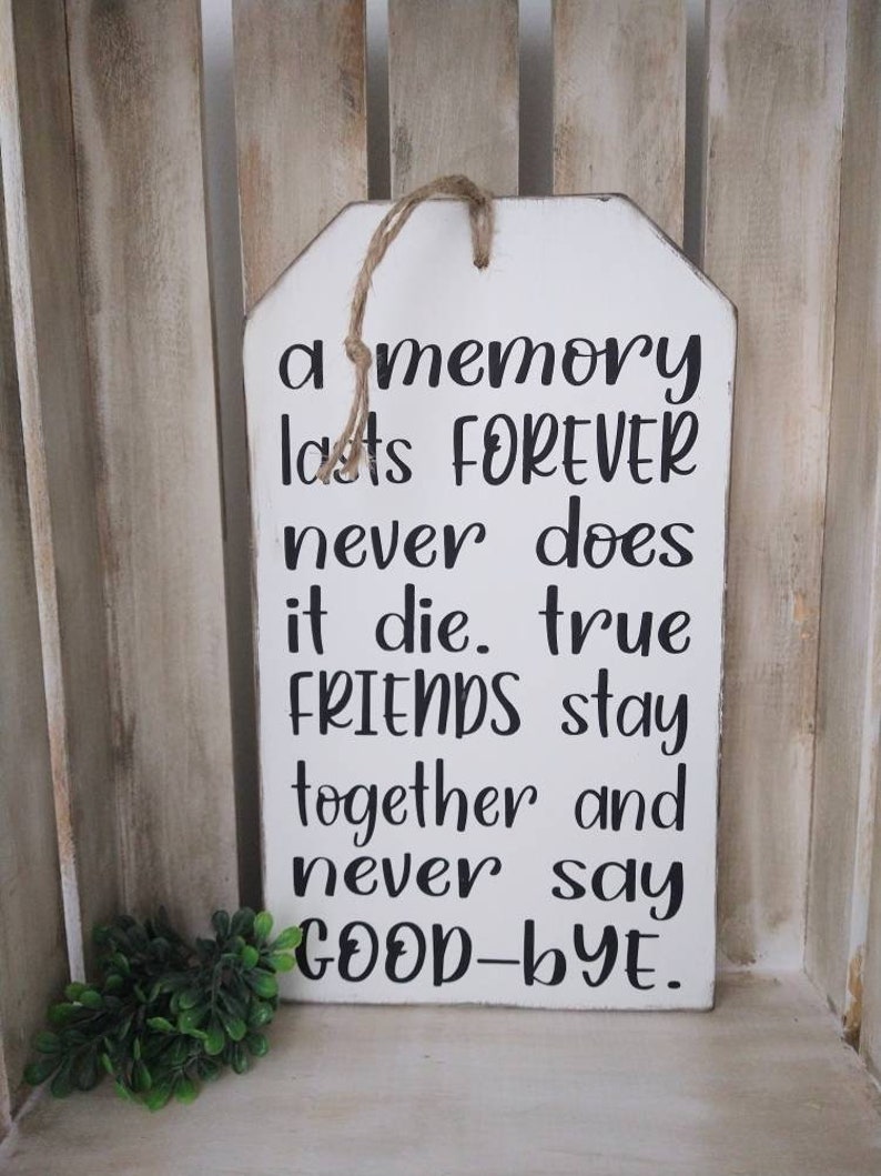 May include: White wooden tag sign with the text "a memory lasts FOREVER never does it die. true FRIENDS stay together and never say GOOD-BYE." The sign has a jute rope for hanging and a small green plant in the corner.