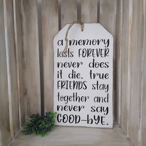 May include: A white wooden sign with a jute rope hanger. The sign has black text that reads "a memory lasts FOREVER never does it die. true FRIENDS stay together and never say GOOD-bye." A small green plant is in the lower left corner.