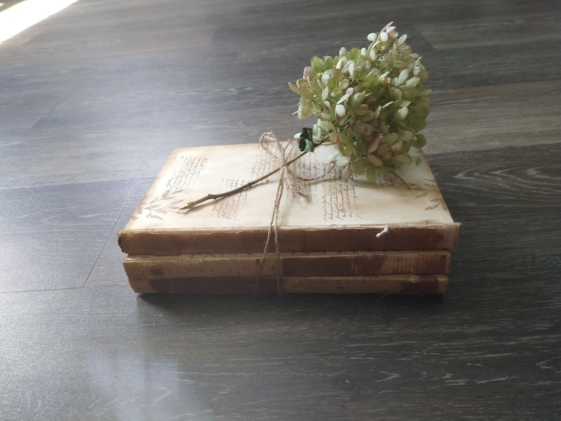 May include: A stack of three vintage books with a brown leather cover and white pages. A sprig of white flowers is tied to the top book with twine.
