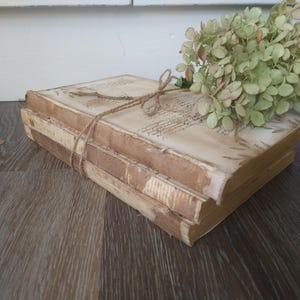 May include: A stack of three vintage books with a rustic brown cover and white pages. The books are tied together with twine and decorated with dried flowers.