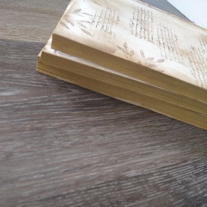 May include: Three stacked books with a cream-colored cover and a brown, patterned design. The design features a repeating pattern of leaves and lines.
