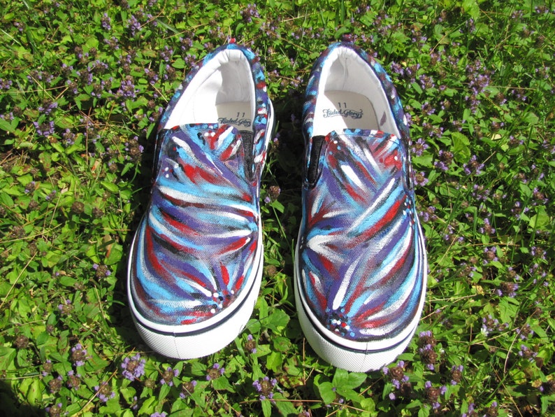 Abstract Themed Shoes For Women Purple and White Custom Men/'s Hand Painted Hippie Slip On Shoes in Blue Men /& Teens Sold!!!