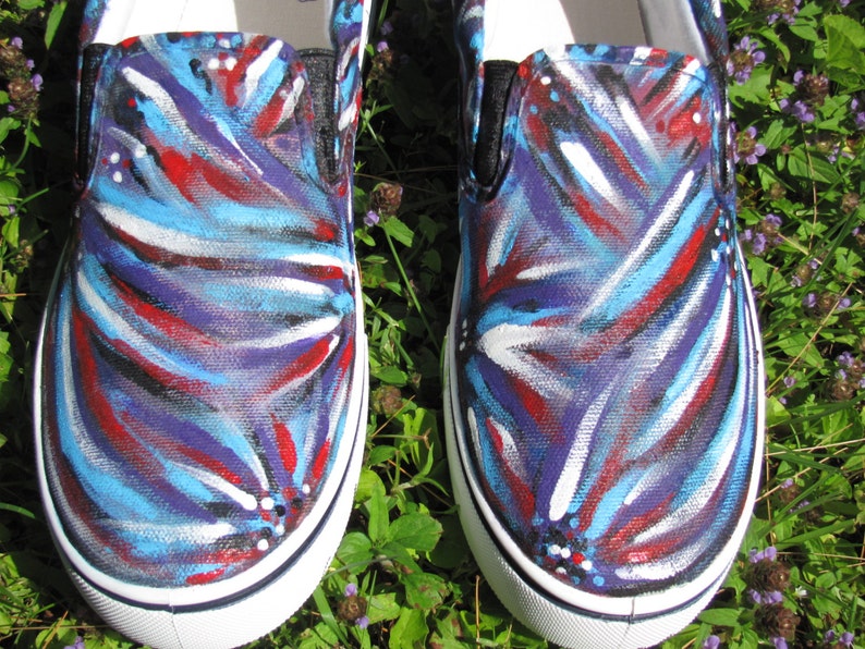 Abstract Themed Shoes For Women Purple and White Custom Men/'s Hand Painted Hippie Slip On Shoes in Blue Men /& Teens Sold!!!