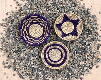 Mini Southwest Boho Baskets - Set of 3 // Palm Leaves, Wall Decor, Handwoven Catchall, Flat Basket, No. 1123