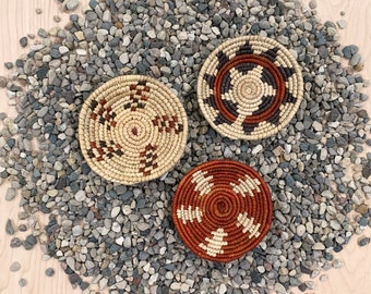 Mini Southwest Boho Baskets - Set of 3 // Palm Leaves, Wall Decor, Handwoven Catchall, Flat Basket, No. 1110