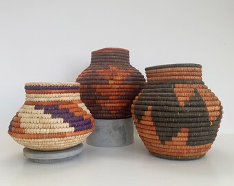 Southwest Cobra Coiled Boho Baskets // Palm Leaves, Handwoven Storage, Table Decor, Shelf Decor, Bookcase Decor, Vase