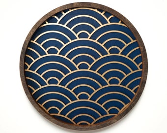 Seigaiha Scales Wall Art, Gold on Blue, Japanese, Ocean, Waves Wall Art