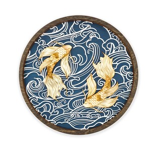 May include: A round wooden wall decor with a blue background and white wave pattern. Two gold fish are swimming in the waves.