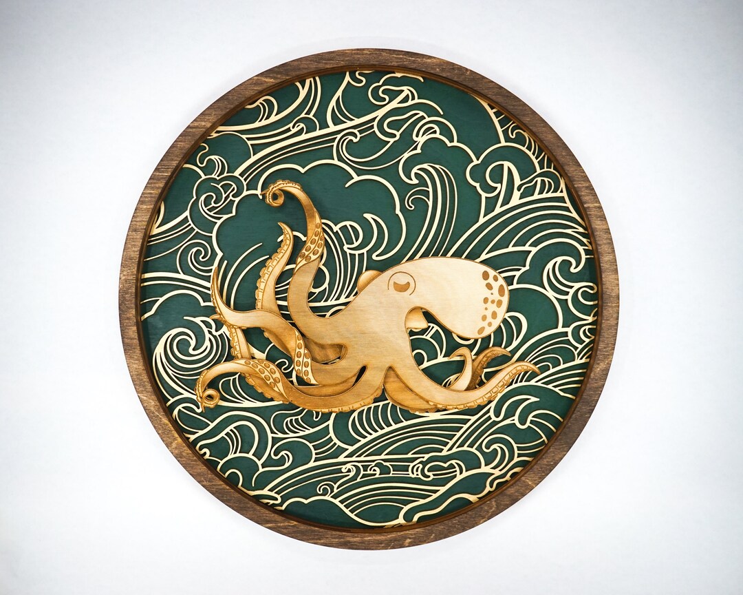 Gold Waves, Octopus, Japanese, Ocean, Wall Art, Customize Colors Etsy