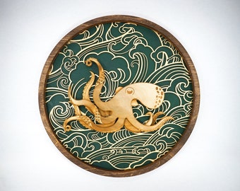 Gold Waves, Octopus, Japanese, Ocean, Wall Art, Customize Colors