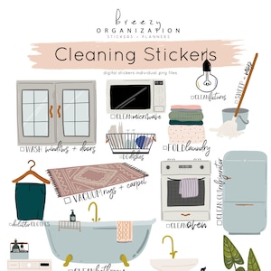 May include: A set of 12 digital cleaning stickers featuring illustrations of household chores, such as vacuuming, washing dishes, and folding laundry. The stickers are designed in a modern, minimalist style with a light pink and blue color palette.