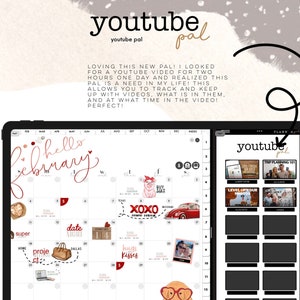 Puede incluir: Una aplicación de planificación digital en una pantalla de tableta con una vista de calendario para febrero. El calendario está decorado con pegatinas y dibujos. La aplicación se llama "youtube pal" y se utiliza para hacer un seguimiento de los vídeos de YouTube. La aplicación tiene una cuadrícula de miniaturas para diferentes vídeos de YouTube.