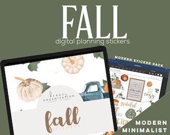 Può includere: Un pacchetto di adesivi digitali per Goodnotes e altri planner digitali con illustrazioni a tema autunnale. Il pacchetto include oltre 40 adesivi con un design moderno e minimalista. Gli adesivi presentano zucche, foglie, camion e altri elementi a tema autunnale. Il testo "Let's get cozy" è presente su uno degli adesivi.