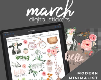 March Digital Stickers for Goodnotes, march modern minimalist digital stickers for digital planners | seasonal digital stickers