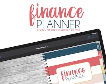May include: A digital finance planner app for iPad, shown on a tablet with a woodgrain background. The app has a colorful cover with the text "finance planner" in a gold box.