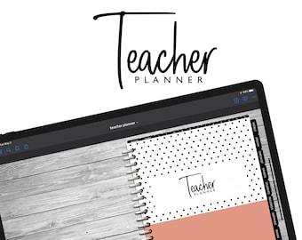 May include: A black and white polka dot teacher planner with a pink cover and a silver spiral binding. The planner has tabs for weekly, lesson checklist, grades, students, progress, meetings, exams, trips, and notes.