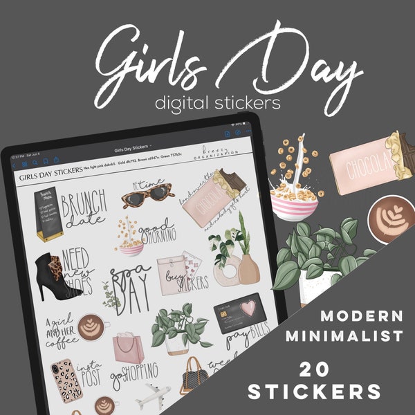 Girls Day Digital Stickers for Goodnotes, feminine modern minimalist digital stickers for digital planners | pink girl time digital stickers